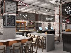 the interior of a restaurant with tables, chairs and menu boards on the wall behind the counter