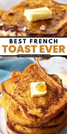 french toast with butter and syrup on top is shown in two different pictures, one has been