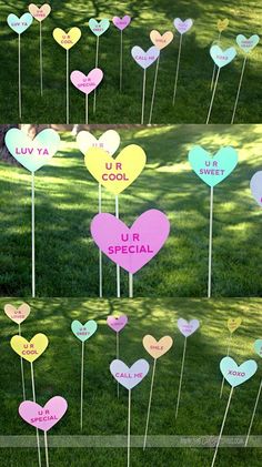 several heart shaped lawn markers with the words u r special written on them in different colors