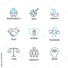 set of line icons related to teamwork, trust, vision and other stock images