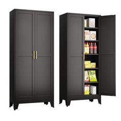 two tall black storage cabinets with doors open and shelves full of food on the bottom