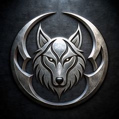 a wolf's head is shown in the middle of a circular metal emblem on a black background