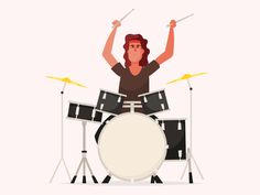 a man with long hair is playing the drums and holding his hands in the air