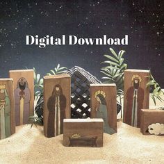 the nativity scene is depicted in an advertisement for digital dowload, which includes wooden figures and palm trees