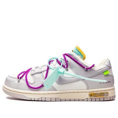 Looking for a fresh and stylish sneaker to take your summer style up a notch? Look no further than the OFF-WHITE x Nike Dunk Low! This collaboration between two of the biggest names in fashion and sneakers takes a white leather upper and soft grey canvas overlays, adding signature details like Virgil Abloh’s plastic zip tie and printed Helvetica text. Contrasting pops of color arrive via the sneaker’s secondary lacing system, zip-tie, exposed-foam tongue and rectangular tab affixed to the Swoosh Off White Dunks, Nike Dunk Low Off White, Off White Dunk, Dunk Shoes, Vapour Max Nike, Off White X Nike, Nike Off White, Nike Sacai, Pretty Shoes Sneakers