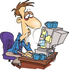 a cartoon man sitting at a computer desk