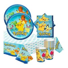 a party pack featuring plates, napkins and cups with pokemon characters on them in blue