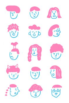 various types of people's faces drawn in blue and pink