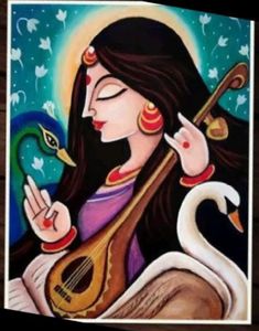 a painting of a woman holding a musical instrument and swan on the other side of her face