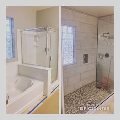 before and after pictures of a bathroom remodel with tile flooring, tub shower and window