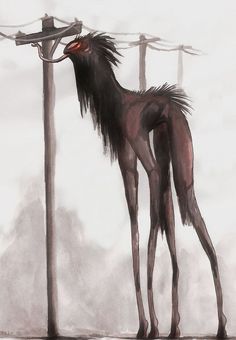 a drawing of a horse standing next to a pole with wires on it's sides