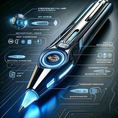 The image depicts a revolutionary BIC pen, designed with a futuristic vision. This writing instrument is not just functional; it is a masterpiece of technology and design. Its body is sleek and refined, made from a novel material that is not only lightweight and extremely durable but also capable of changing color according to the user's body temperature, adding a personal and dynamic touch. Instead of a traditional ballpoint tip, this pen is equipped with a molecular precision laser emitter, an Laser Vision, Lego Room Decor, Future Gadgets, Bic Pens, Cool New Gadgets, Ancient Technology, Steampunk Design, Futuristic Technology, Technology Gadgets