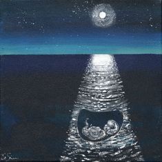 an acrylic painting of two people in a boat at night with the moon above them