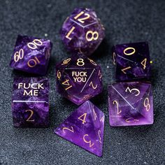 Notice: Gemstone dice are fragile, so I recommend that you can roll them on something with a soft surface, like a soft wool felt dice tray. You can also search the soft tray on the store :) And if you purchase more than 2 sets (include 2 sets) of dice, you will get a dice tray for free! Details - Number 1 = 'Fuck me' Number 20 = 'Fuck you'- 7 pcs of Amethyst Gemstone Dice- Each dice is well weight and well balance Size of each dice: D4 = 16 mmD6 = 16 mmD8 = 16 mmD10 = 16 mmD% = 16 mmD12 = 18 mmD20 = 18 mm Order's Processing Time: All the products are handmade items, so each order will take about 1 - 2 weeks to process before it was shipped out, I just hope you guys know that I will make them with my heart and passion. So I think it is worth to wait :) But if you have any questions about th Hand Raised, Dnd Dice Set, Dragon Dies, Dungeons And Dragons Dice, Dice Box, Dice Tray, Dnd Dice, Polyhedral Dice, Leather Box