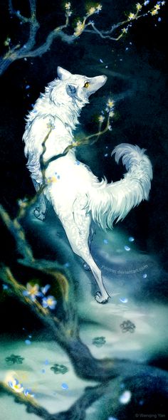 a painting of a white dog standing on its hind legs in front of a tree