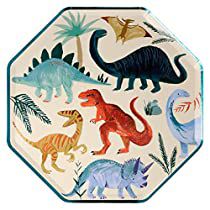 a paper plate with dinosaurs and other dinosaurs on it's side, in the shape of a hexagon