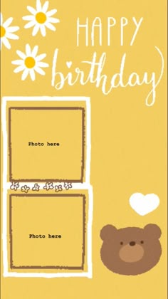 a happy birthday card with a teddy bear and daisies on the bottom right side