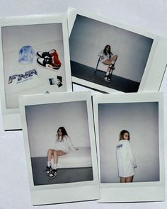 four polaroid photos of women in white outfits