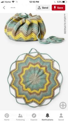 two crocheted bags sitting next to each other