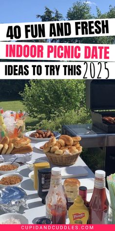 an outdoor picnic table with food and drinks on it