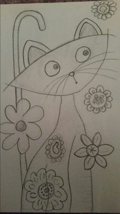 a drawing of a cat with flowers on it