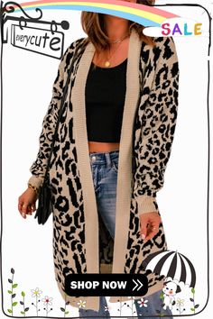 Leopard Pattern Knit Casual Long Cardigan One Size V-neck Cardigan For Fall, Chic Non-stretch Cardigan For Winter, Chic Non-stretch Winter Cardigan, Chic Knitted Cardigan For Fall, Non-stretch Knit Outerwear For Fall, Chic Non-stretch Fall Cardigan, One Size Chic Cardigan For Fall, Fall Non-stretch Knitted Cardigan, Fall Knitted Non-stretch Cardigan