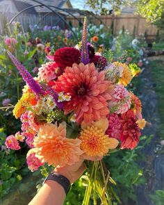 a person holding a bouquet of flowers in front of a garden with lots of plants