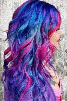 Pink Purple And Blue Hair Underneath, Bright Vivid Hair Color, Blue Pink Hair Color, Fantasy Hair Colors, Blue And Pink Hair Ideas, Pink And Blue Ombre Hair, Pink And Blue Hair Ideas, Multi Color Hair Ideas, Pink Blue And Purple Hair