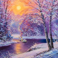 a painting of two swans swimming in a lake at sunset with trees and snow on the ground