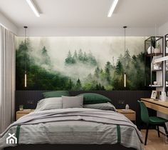 a bedroom with a large painting on the wall next to a bed and desk in front of it