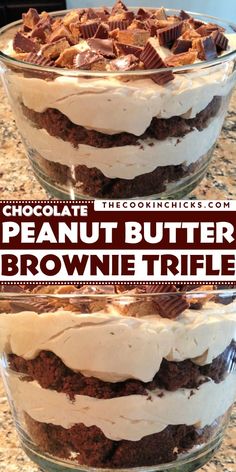 chocolate peanut butter brownie trifle in a glass dish with the title above it