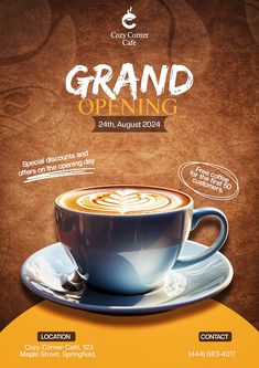 a coffee shop flyer with a cup of coffee on the saucer and an orange background