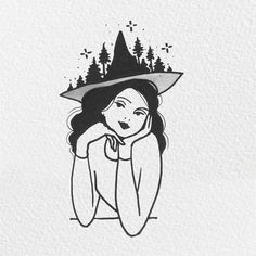 a drawing of a woman wearing a witches hat and sitting on the ground with her hands behind her head