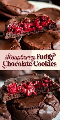 raspberry fudge chocolate cookies are stacked on top of each other