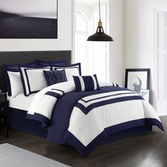 Hortense 8 or 6 Piece Comforter And Quilt Set Hotel Collection Image 1 Navy Gray And White Bedding, Navy Grey And White Bedroom Bedding, Navy And Grey Bedroom Bed Bath & Beyond, Ivory Comforter With Large Navy Shark, Unique Decorative Pillows, Chic Home Design, Twin Comforter Sets, Fish Scale Pattern, Pattern Quilt