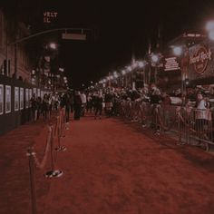 a red carpeted street with people standing on it at night, and signs in the background