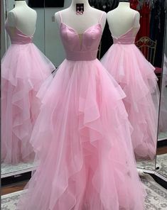 Dresses Fluffy, Prom Dresses Backless, Tea Length Prom Dress, Tulle Long Prom Dress, Pink Ball Gown, Pink Evening Dress, Pink Prom Dress, Pink Formal Dresses, Tulle Ball Gown