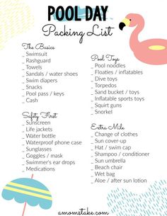 a pool packing list with text overlay that says pool day packing list and free printable