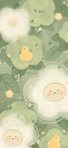 an illustration of two ducks in the water surrounded by lily pads and green leaves with white flowers