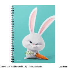 the secret life of pets bunny is holding a carrot in front of a spiral notebook