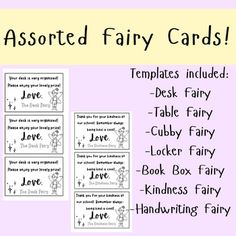 four cards with the words, love and fairy written on them in different font styles