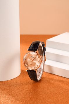 Bold, brilliant, and glamorous, this rose gold and black watch for women is truly stunning. Inspired by the brilliant cut diamond, it shines beautifully on the wrist. The glossy leather strap adds an extra touch of glam. Gold Womens Watch, Black And Rose Gold, Rose Gold Watches Women, Gold Watches, Gold Watch Men, Watch For Women, Rose Gold Watches, Rose Gold Watch, Engraved Logo