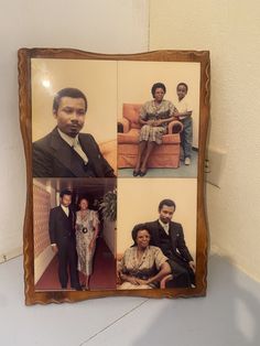 four pictures of people in suits and ties hanging on a wall next to a chair