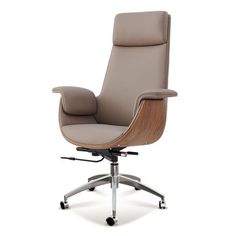 an office chair with wheels on the back and seat upholstered in beige leather