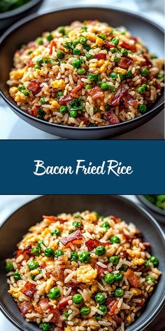 bacon fried rice with peas in a black bowl