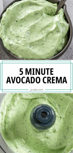 an avocado dip in a pan with the words 5 minute avocado cream