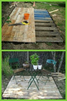 two pictures showing the same table made out of pallets