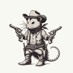 Cowboy Opossum, Opossum Drawing, Cowboy Possum, Opossum Tattoo, Animals Playing Instruments, Opossum Art, Racoon Tattoo, Possum Art, Animals Playing