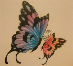 two colorful butterflies on a white background, one is blue and the other is pink