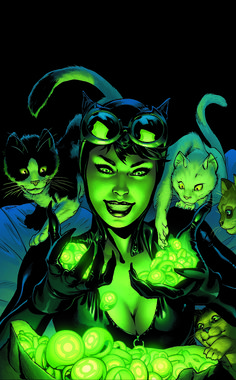 an image of a woman with cats on her chest and green light in her hands